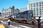 B&O GP9 6529, and Chessie Steam Special, ex-Reading T1 2101 is at Philadelphia, PA. June 14, 1977. 